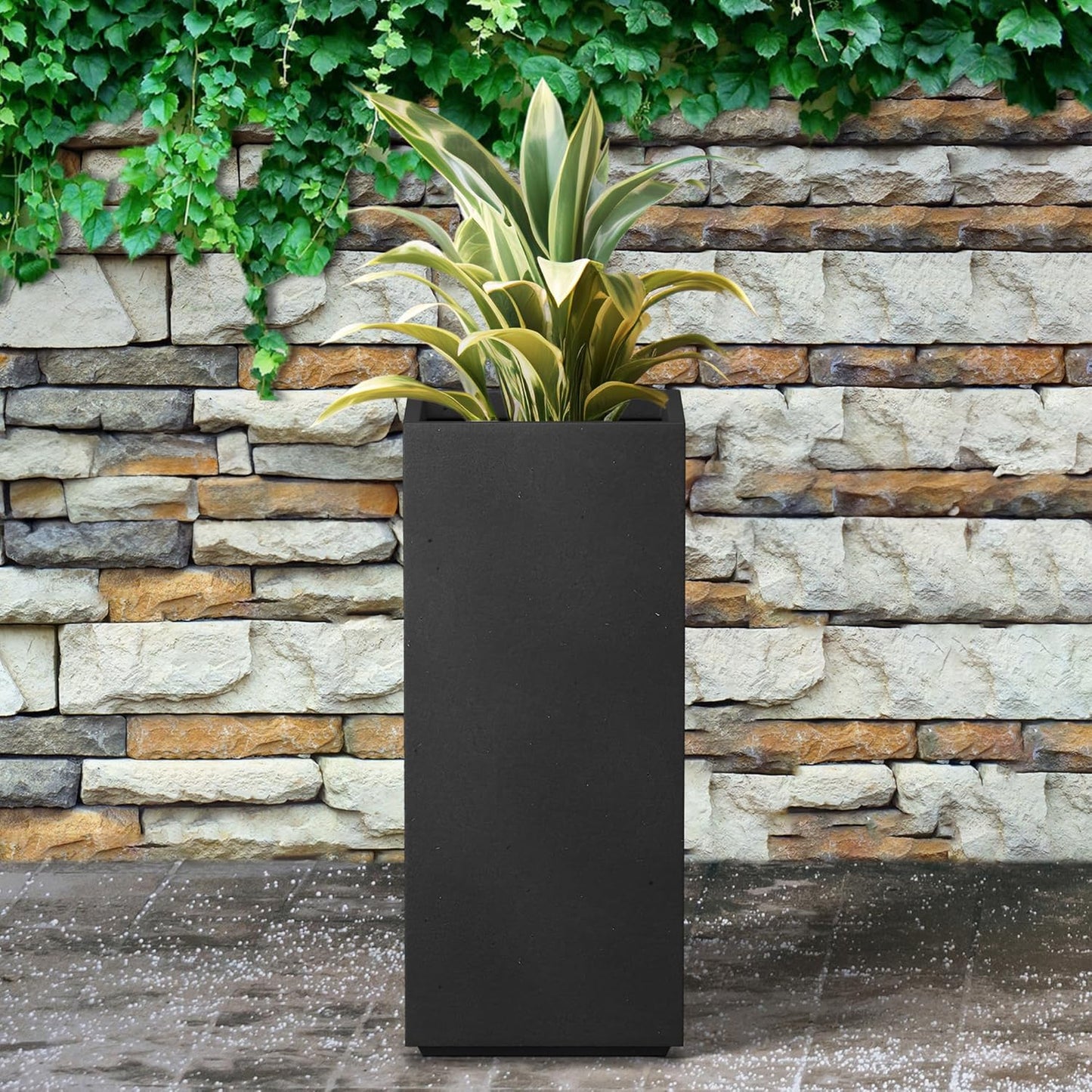 Kante 27.6" H Tall Rectangular Concrete Planter, Modern Square Diameter Plant Pot with Drainage Hole and Rubber Plug for Indoor Outdoor Home Patio Garden, Black