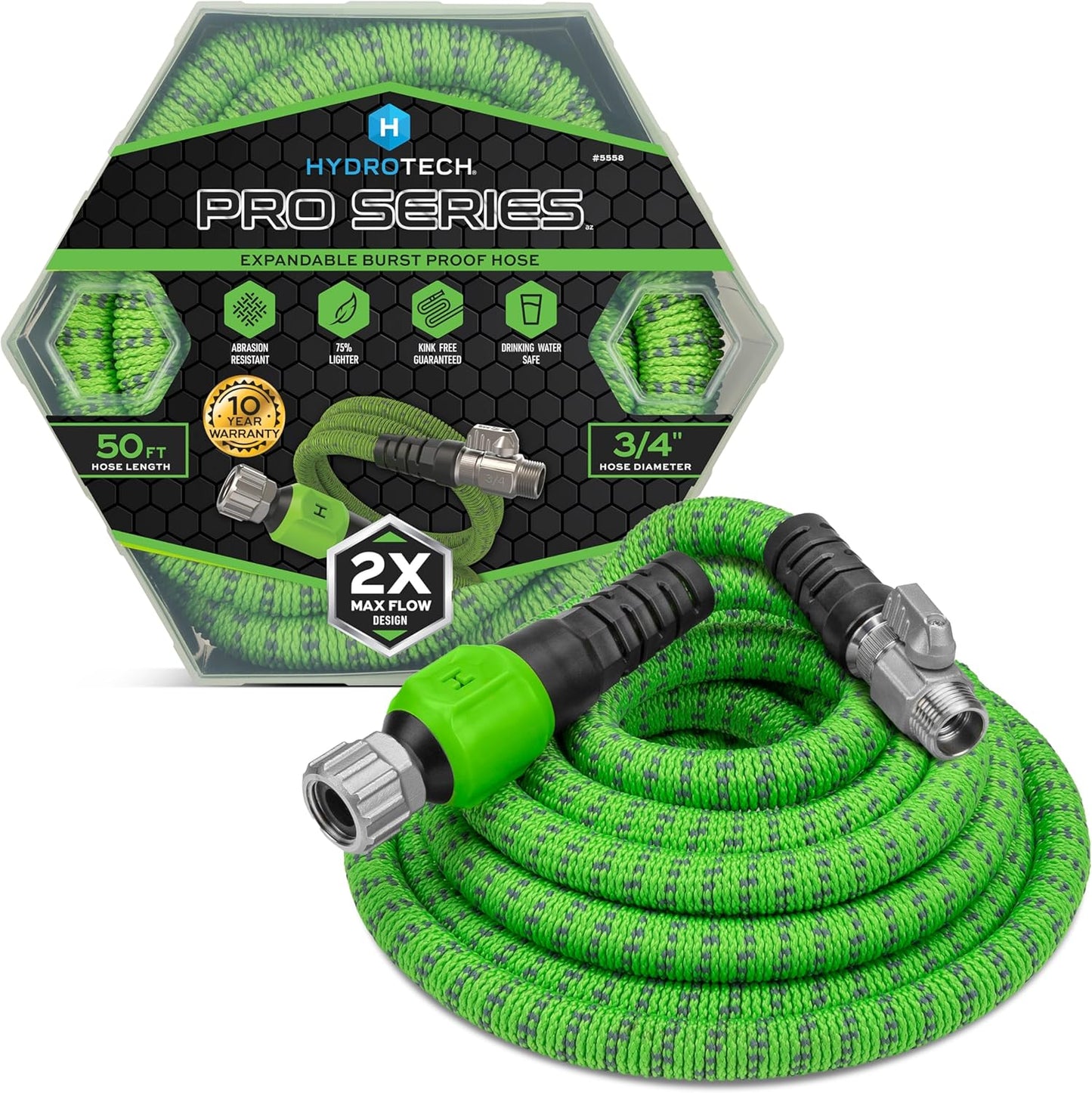 HydroTech 50 ft Expandable Garden Hose - Pro Series, 2x Max Flow, 3/4" No-Kink Flexibility, Lightweight Hose for Lawn, Garden, Car Washing, Deck and Patio Cleaning