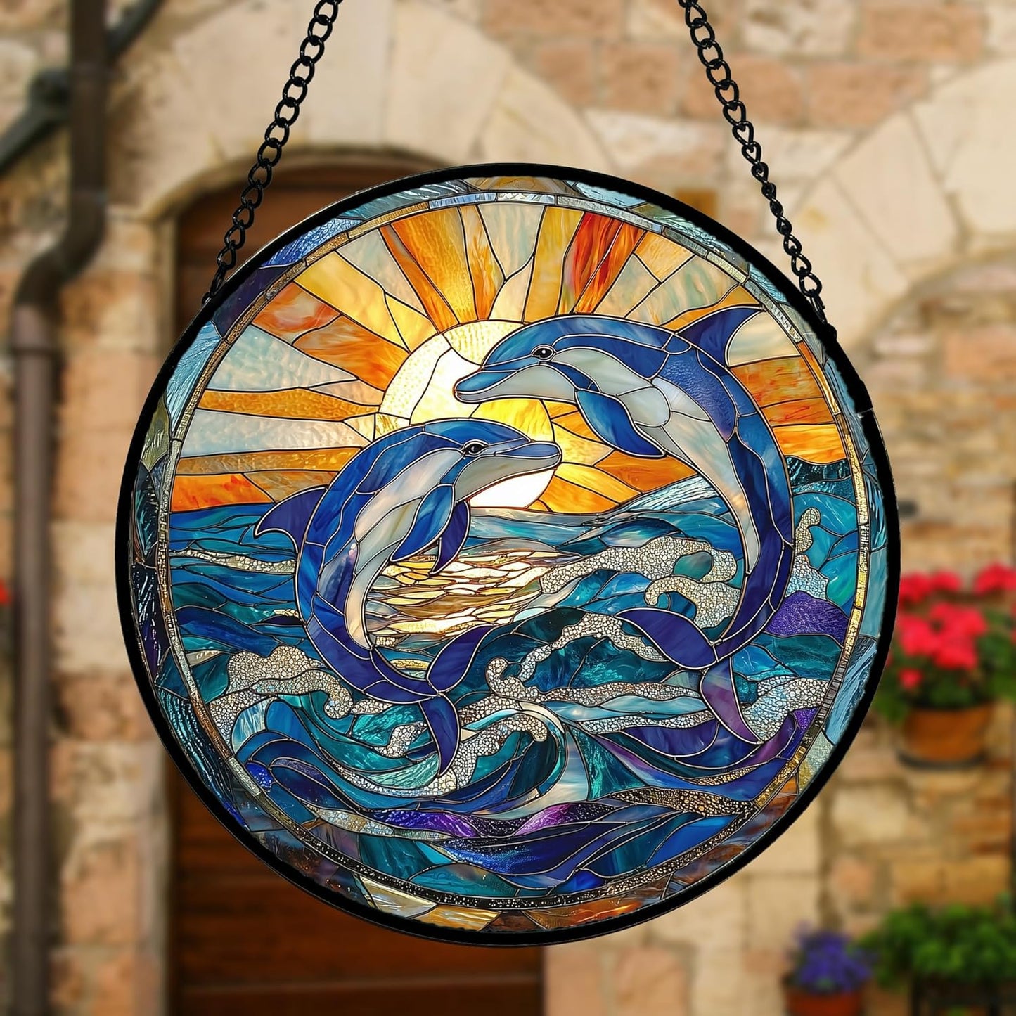 Stained Glass Window Hanging, Blue Dolphin Sun Catchers Colorful Glass Panel Sunrise Sea View Suncatcher Decor for Birthday for Women, Men, Wife, Aunt, and Mom 6.3 in