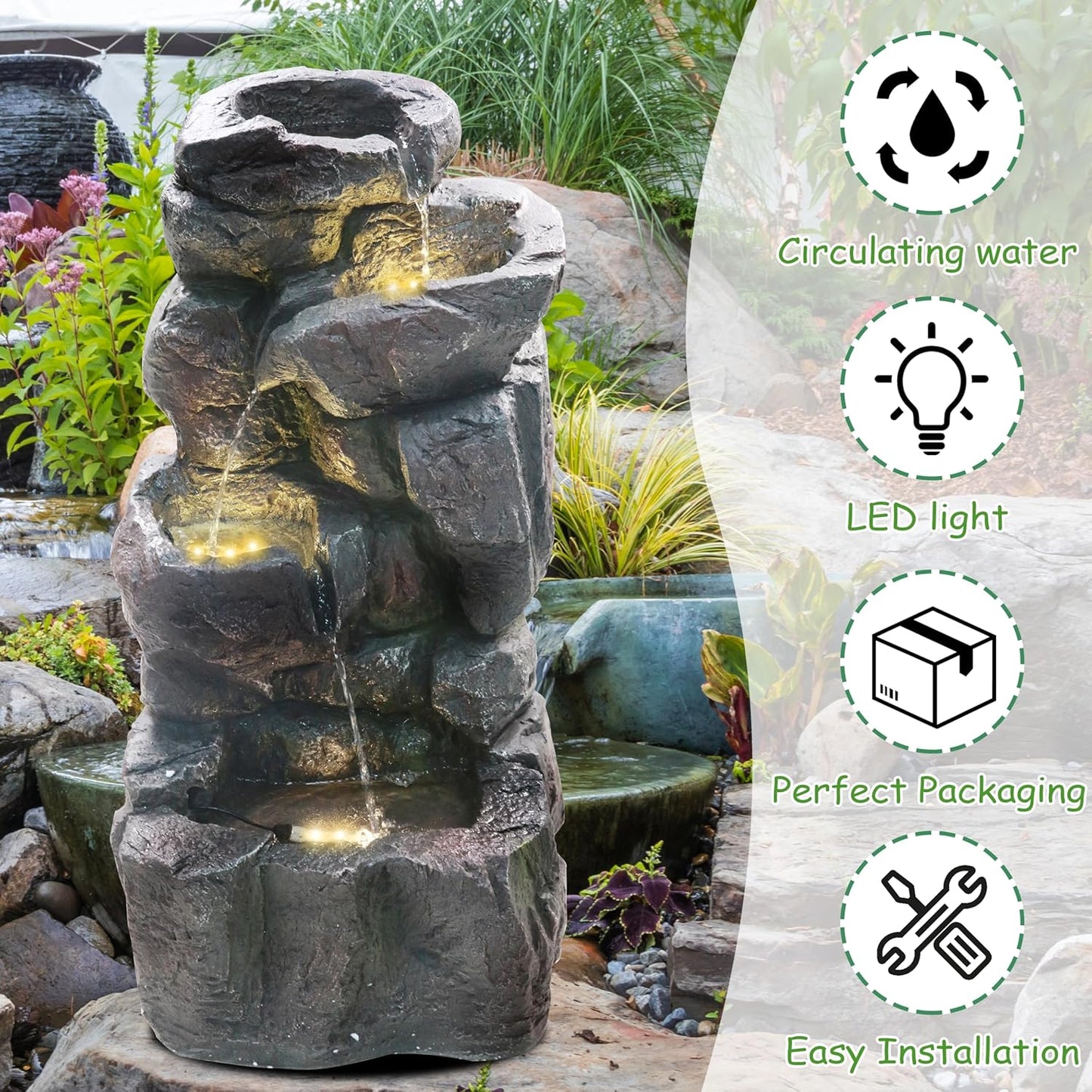 4-Tiers Cascading Rock Outdoor Water Fountain with LED Light, Standing Cascading Water Feature Faux Stacked Stones Waterfalls Decor for Garden Patio Yard and Lawn (Deep Grey)