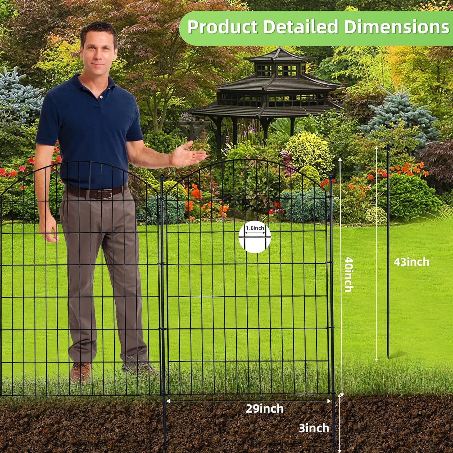 Decorative Garden Fence 40in (H) x24ft (L), 10 Pack No Dig Fence Animal Barrier for Dog, Arched Flower Bed Edging, Wire Border Panel Fencing for Yard Patio Outdoor Decor