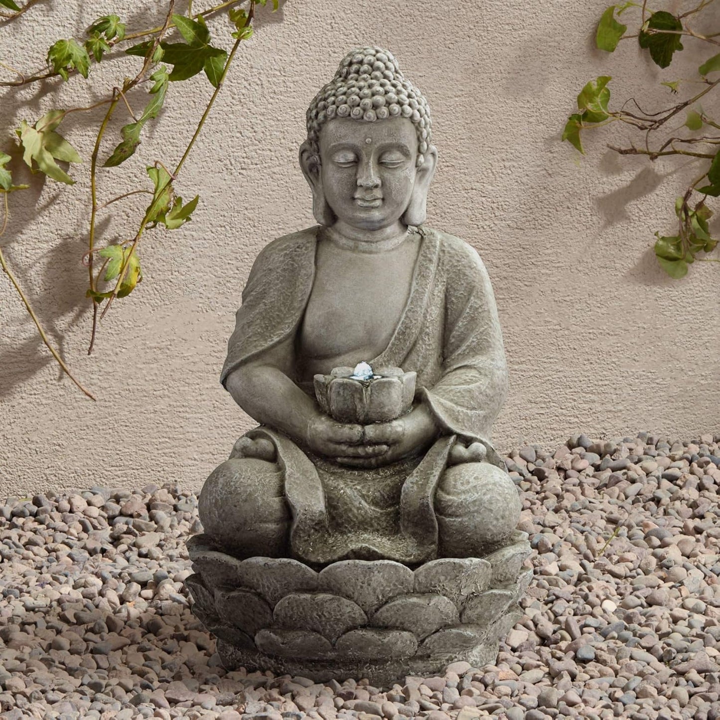 Sitting Buddha 22" High Small Zen Asian Indoor Outdoor Decor Faux Stone Tabletop Fountain with Light LED Water Feature for Outside Garden Patio Yard Desk Backyard Porch Deck - John Timberland