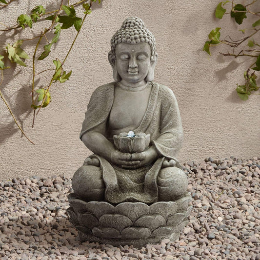 Sitting Buddha 22" High Small Zen Asian Indoor Outdoor Decor Faux Stone Tabletop Fountain with Light LED Water Feature for Outside Garden Patio Yard Desk Backyard Porch Deck - John Timberland